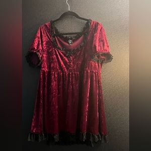 The Grave Girls Velvet Burgundy Mini Dress with Lace Trim